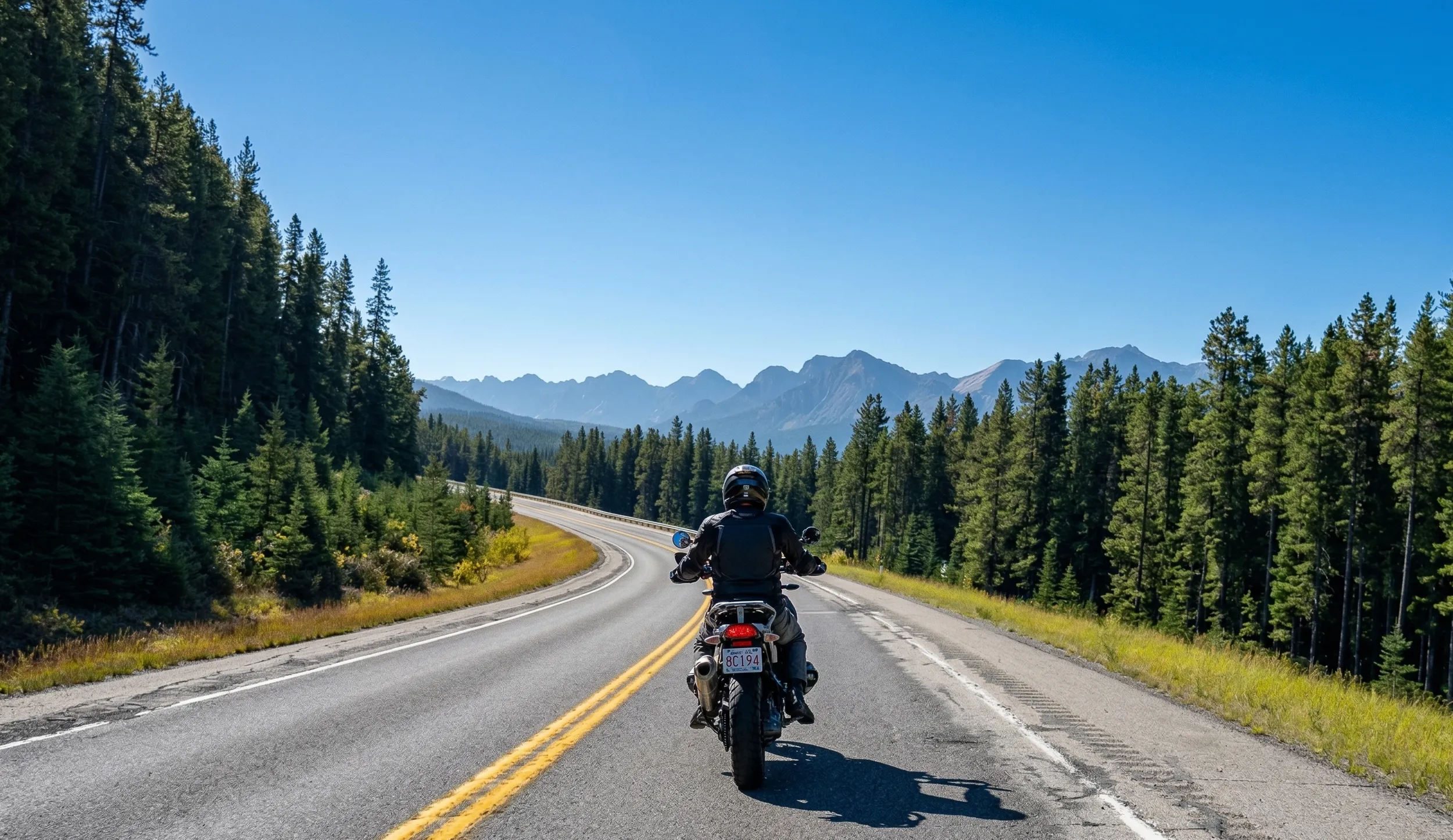 Riders on adventure motorcycles on a mountain highway in the Canadian Rockies
