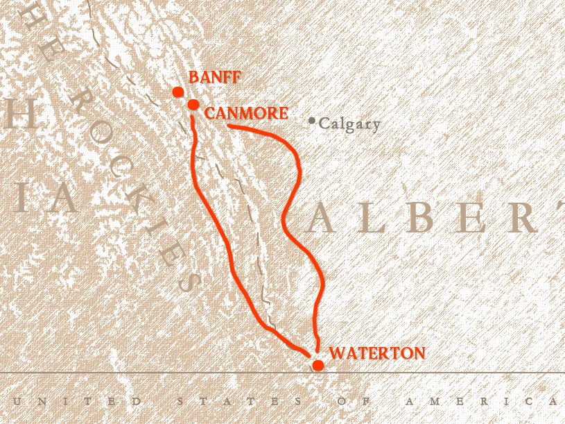 Route map of the Buffalo Trail tour through southern Alberta and southeastern British Columbia