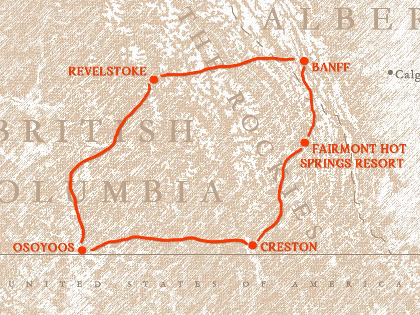 Map of a route in Canada connecting Revelstoke, Osoyoos, Creston, Fairmont Hot Springs Resort, Banff, and Alberta.