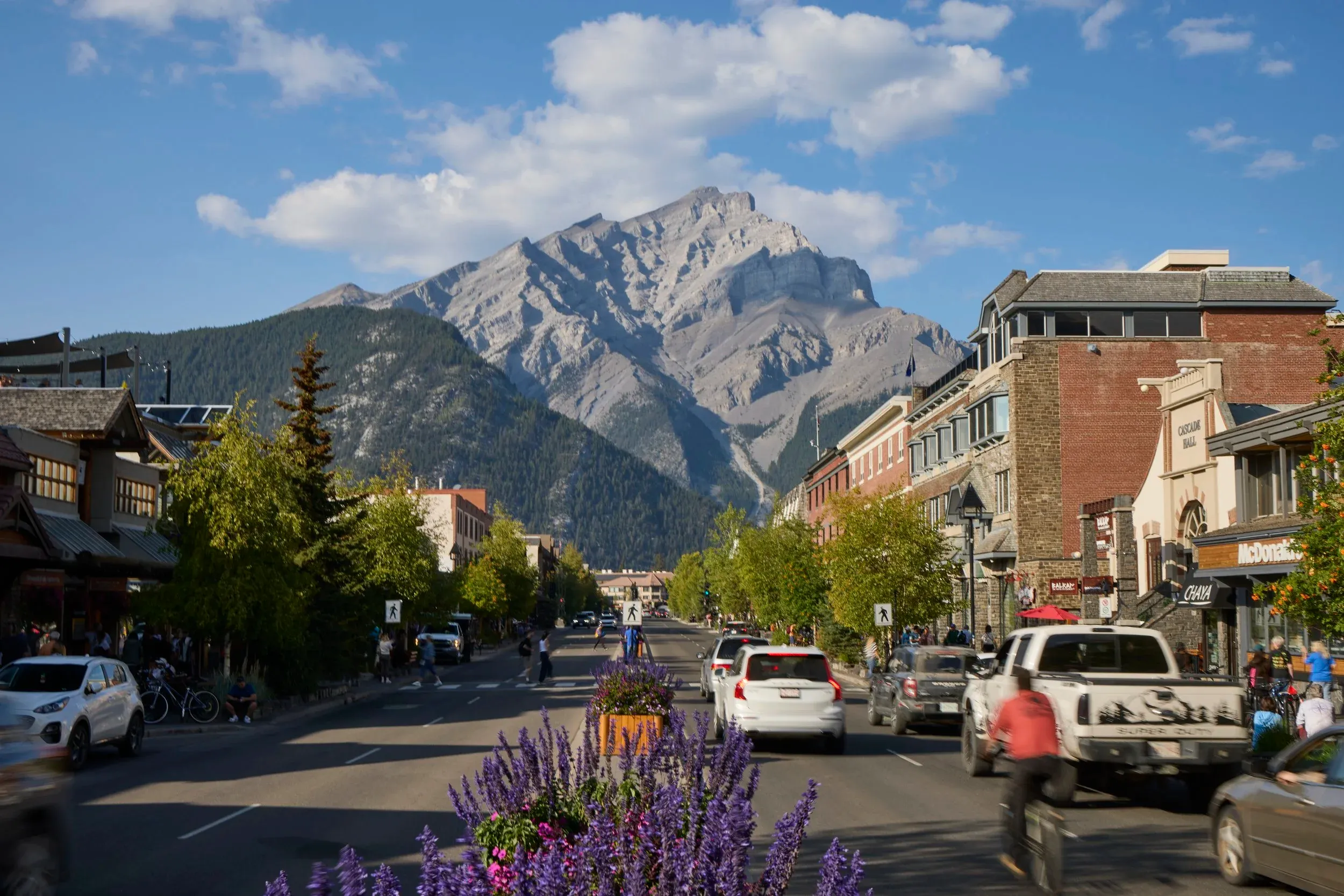 View looking down Banff Avenue toward the massive peaks of Cascade Mountain under a blue sky, featuring historic stone buildings, summer flowers, and street traffic in Banff National Park.