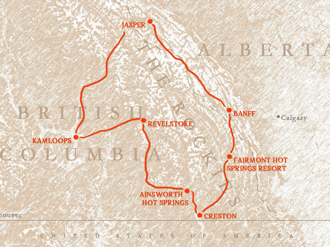 Map showing a scenic route through British Columbia and Alberta, with stops at Kamloops, Jasper, Revelstoke, Ainsworth Hot Springs, Creston, Fairmont Hot Springs Resort, and Banff.