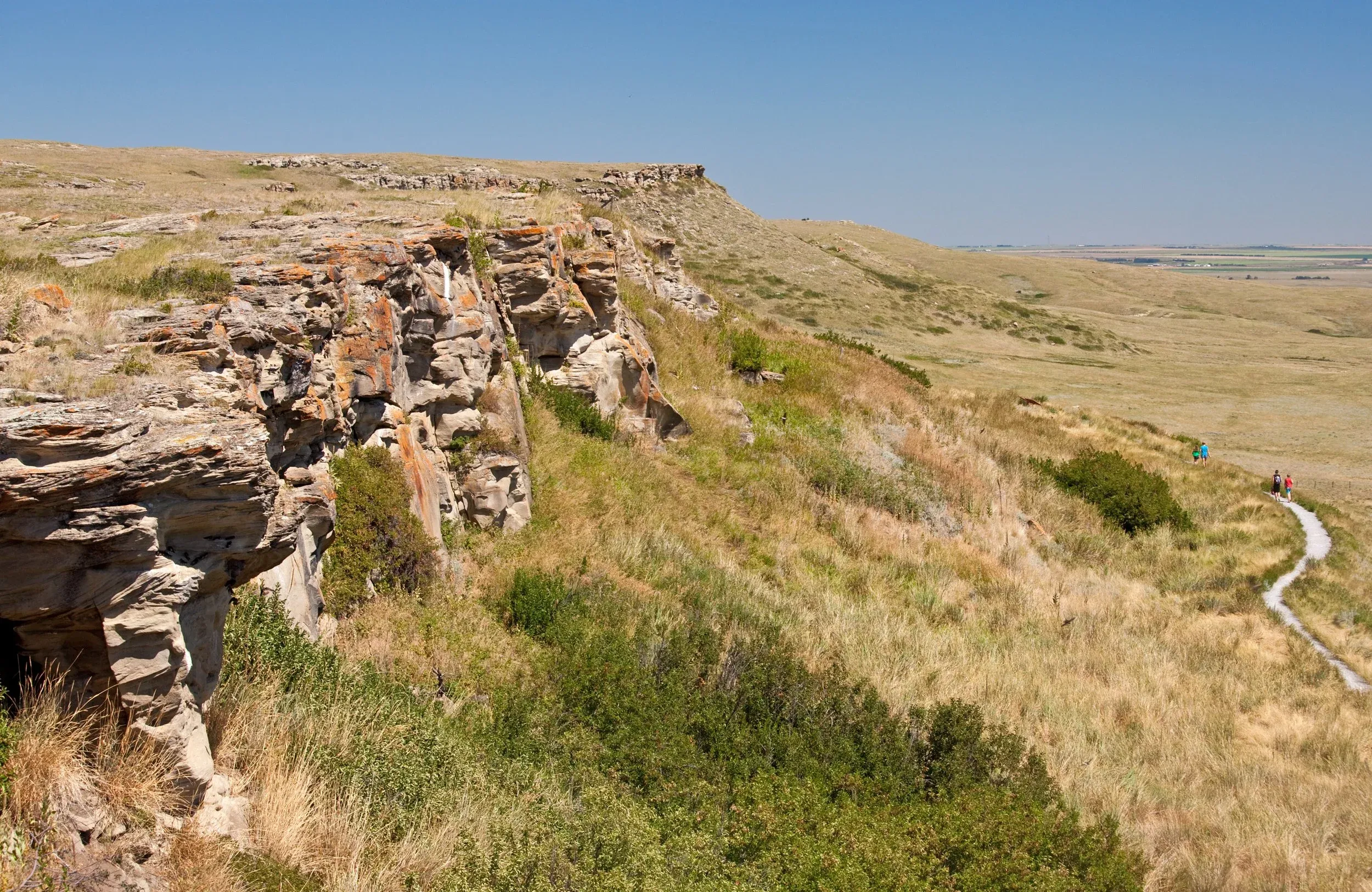 Wide-angle view of the sandstone cliffs at Head-Smashed-In Buffalo Jump near Fort Macleod, featuring a winding hiking trail and people exploring the vast, golden prairie landscape under a clear blue sky.