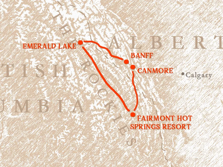 Map showing a route from Fairmont Hot Springs Resort to Emerald Lake, passing through Canmore and Banff in Alberta, Canada.